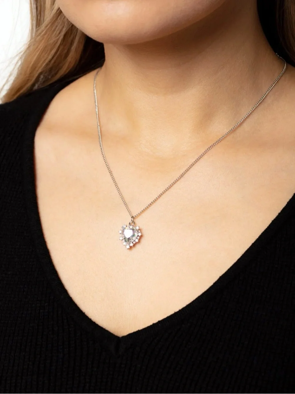 paparazzi Silver Heart Crystal Pendant Necklace - Silver